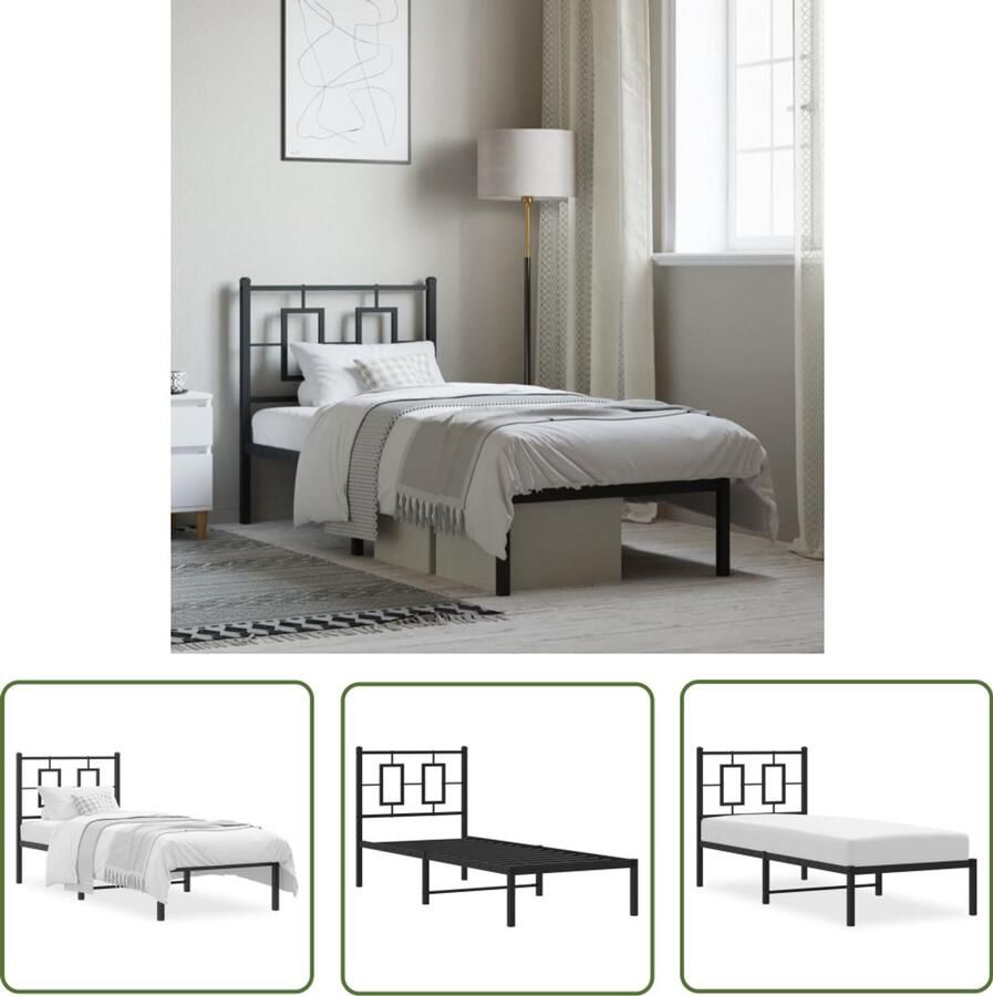 VidaXL Zwarte Bedpost Metalen Bed Frame Bedframe met hoofdbord metaal zwart 75x190 cm Boxspring Bed Hoofdbord Bed Staal Bedframe