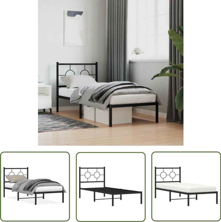 VidaXL Zwarte Bedpost Metalen Bed Frame Bedframe met hoofdbord metaal zwart 80x200 cm Boxspring Frame Staal Bedframe Tweepersoons Bed