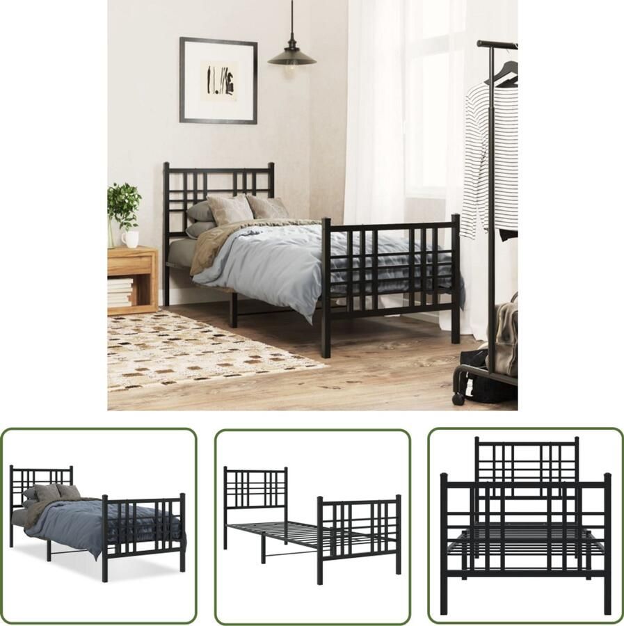 VidaXL Zwarte Bedpost Staal Bed Frame Bedframe met hoofd- en voeteneinde metaal zwart 80x200 cm Boxspring Bed Tweepersoons Bed King Size Bed