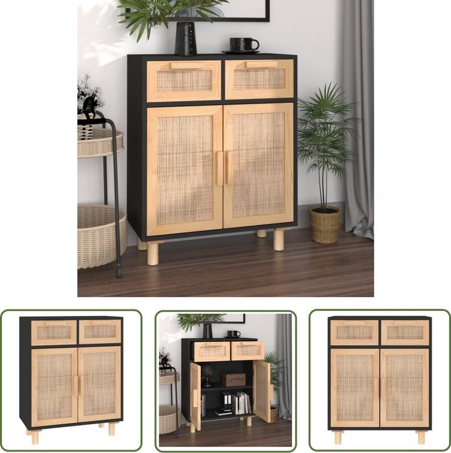 VidaXL Dressoir 60x30x75 cm massief grenen hout en rattan zwart Dressoir Zwarte Dressoir Grenenhout Dressoir Vintage Dressoir Salontafel