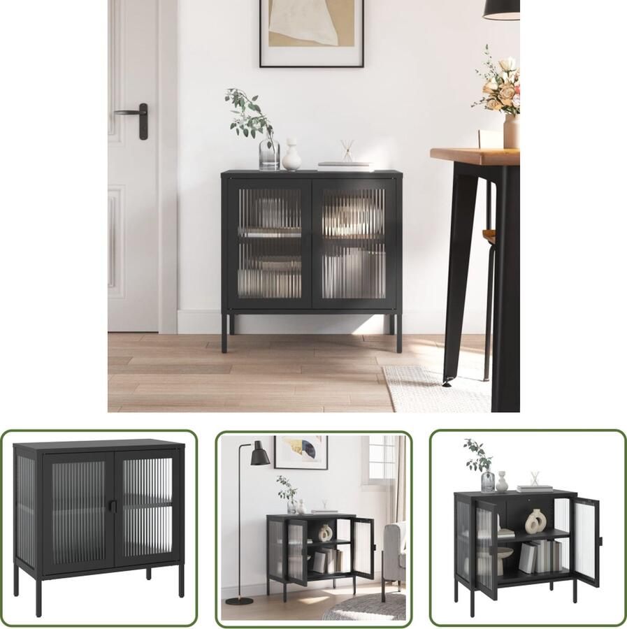 The Living Store Dressoir 70x35x70 cm glas en staal zwart Dressoir Zwarte Dressoir Modern Dressoir Vintage Dressoir Salontafel