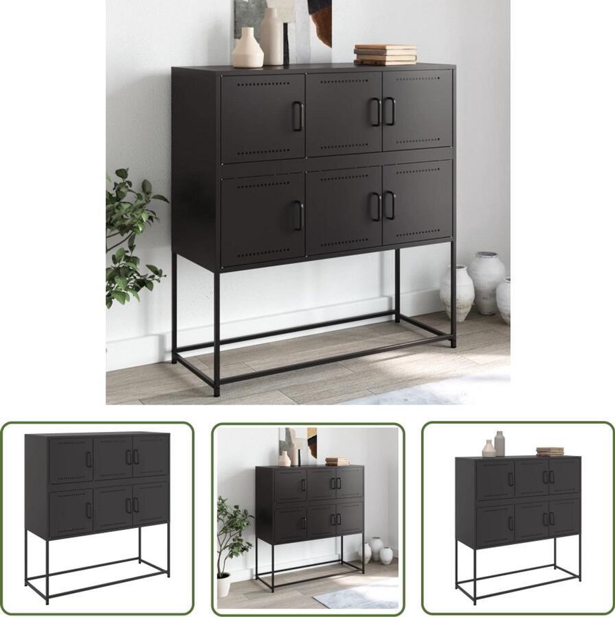 The Living Store Dressoir 100 5x39x107 cm staal zwart Dressoir Zwarte Dressoir Metalen Dressoir Staaldressoir Opbergkast