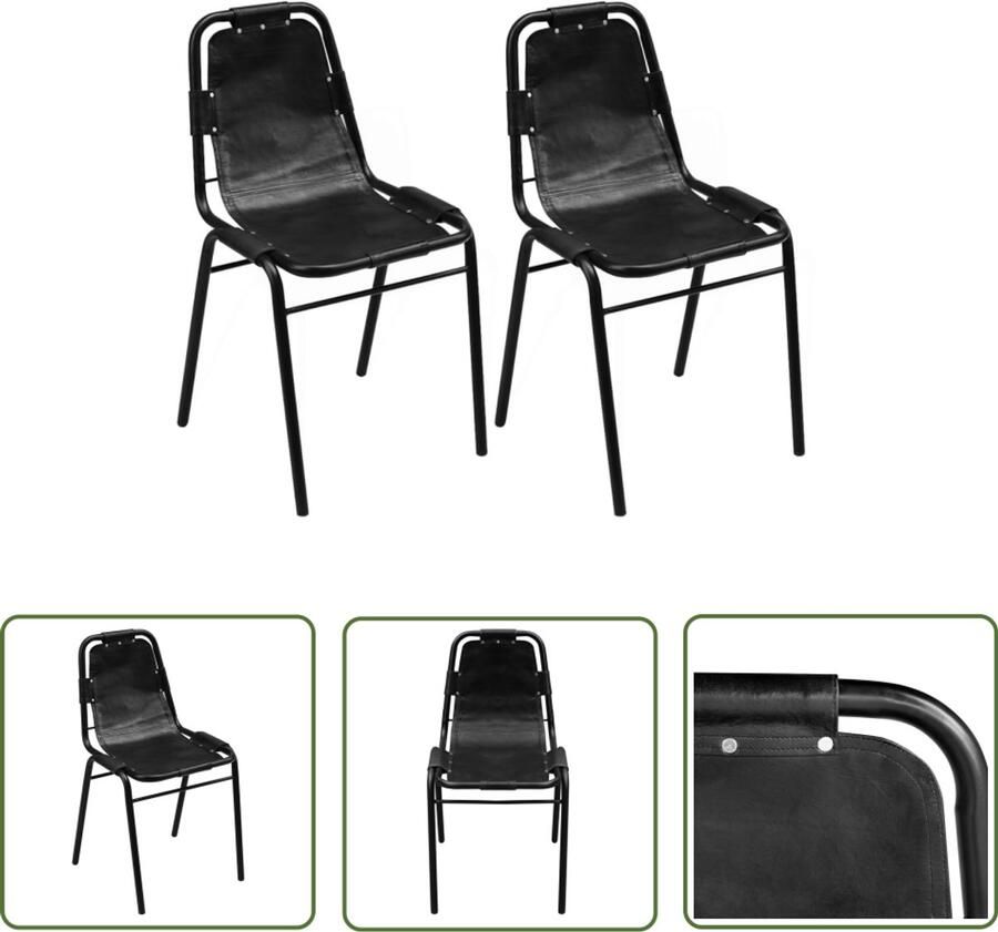 VidaXL Eetkamerstoelen 2 stuks Echt leer Zwart Industriële Eetkamerstoel Leren Eetkamerstoel Zwarte Eetkamerstoel Eetkamerstoelen Set Design Eetkamerstoel