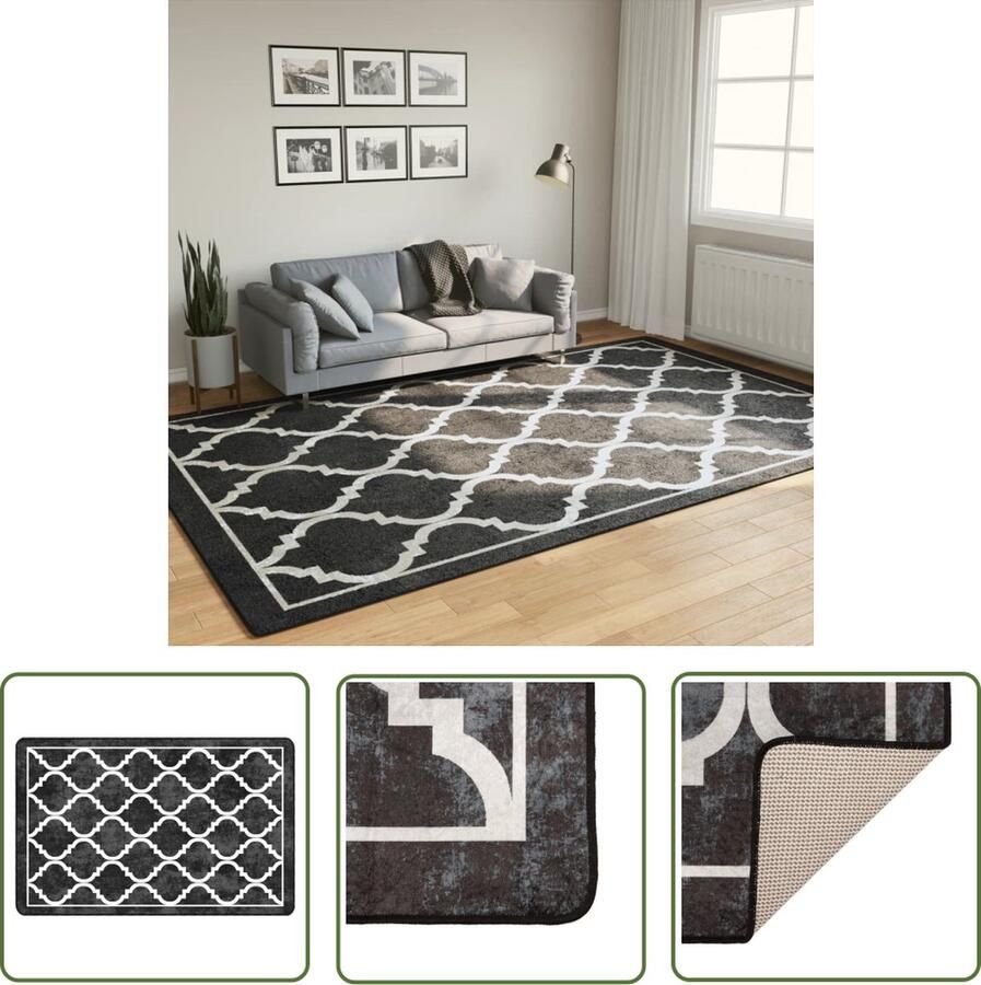 The Living Store Vloerkleed Zwarte en Witte Patronen 190 x 300 cm Zacht fluweel Anti-slip Machine wasbaar Geluidsabsorberend Vloerkleed Zwarte En Witte Patronen Fluweel Anti Slip Machinewasbaar