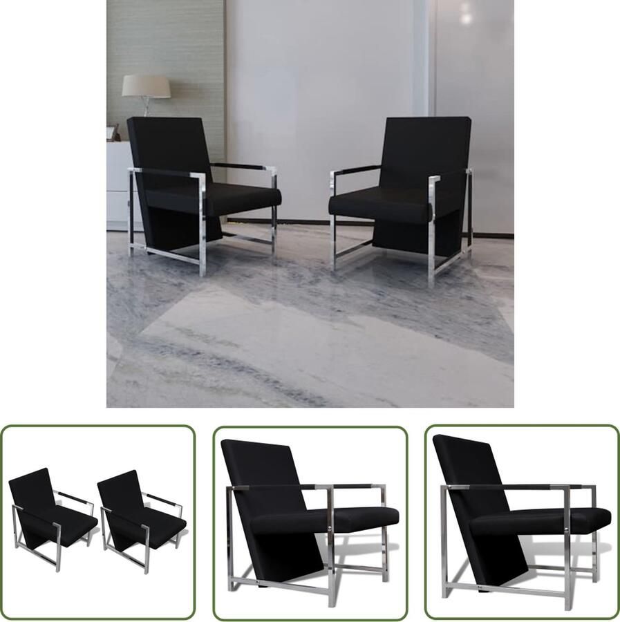 The Living Store Fauteuilset Moderne Vormgeving Stoelenset van Hoge Kwaliteit 53 x 69 x 73 cm Chromen Voeten Fauteuil Zwarte Fauteuil Loungestoel Eetkamerstoel Salontafel - Foto 2