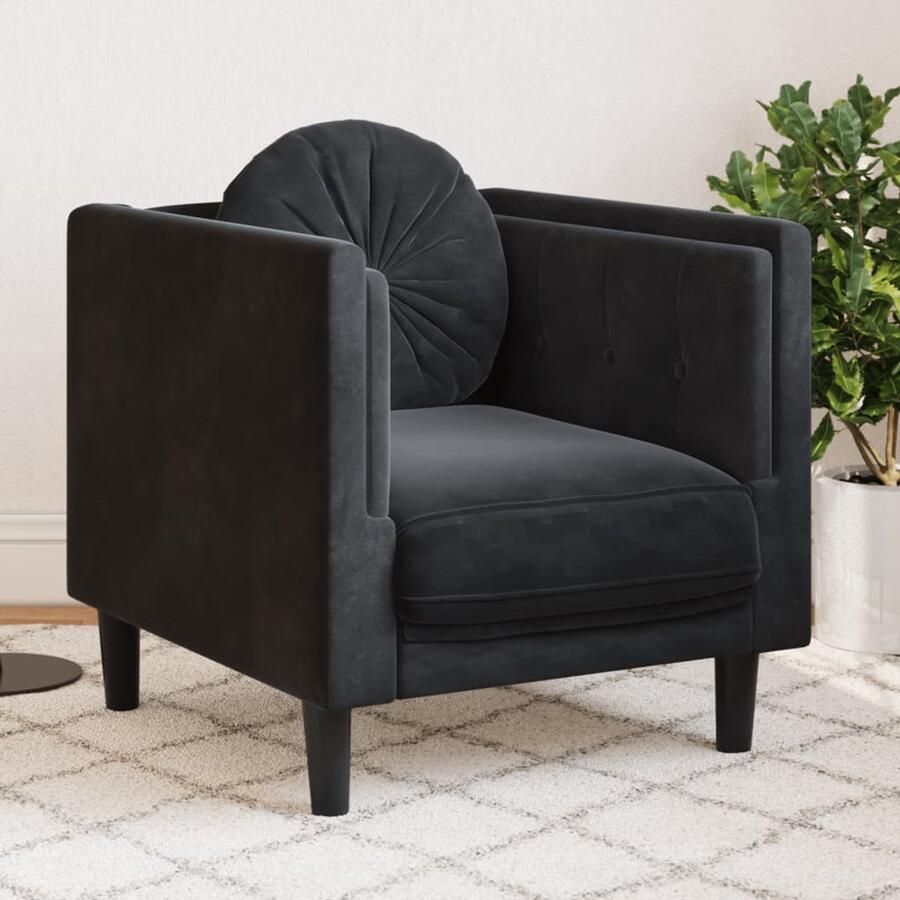 The Living Store Fauteuil met kussen fluweel zwart Fauteuil Fluweel Zwarte Fauteuil Designstoel Woonkamerdecoratie