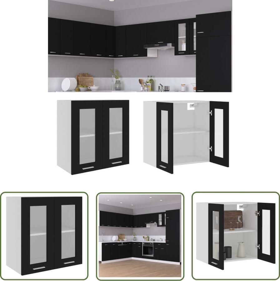 The Living Store Hangkast Lyon 60x31x60 cm bewerkt hout zwart Keukenhangkast Hangkast Keuken Keukenopslag Zwarte Keukenkast Houten Hangkast