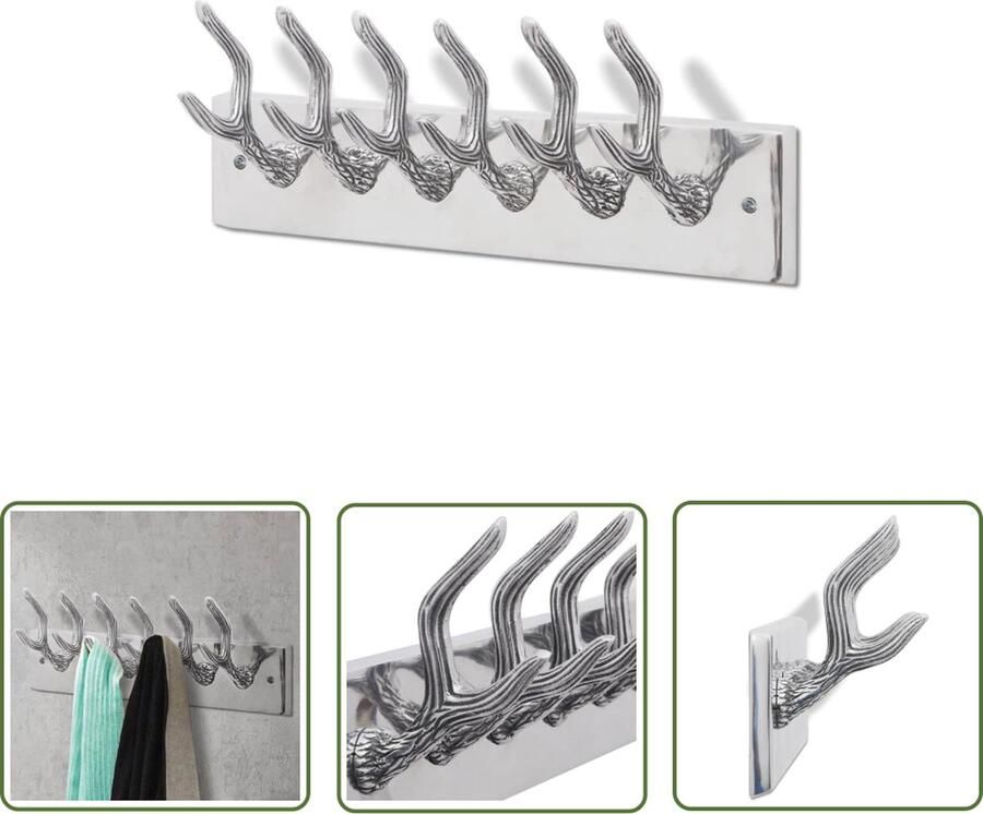 The Living Store Kapstok Geweihaken 49 x 9 x 18 cm Gepolijst aluminium Zilver Aluminium Kapstok Zwarte Kapstok Wandkapstok Entreehal Kapstok Moderne Kapstok