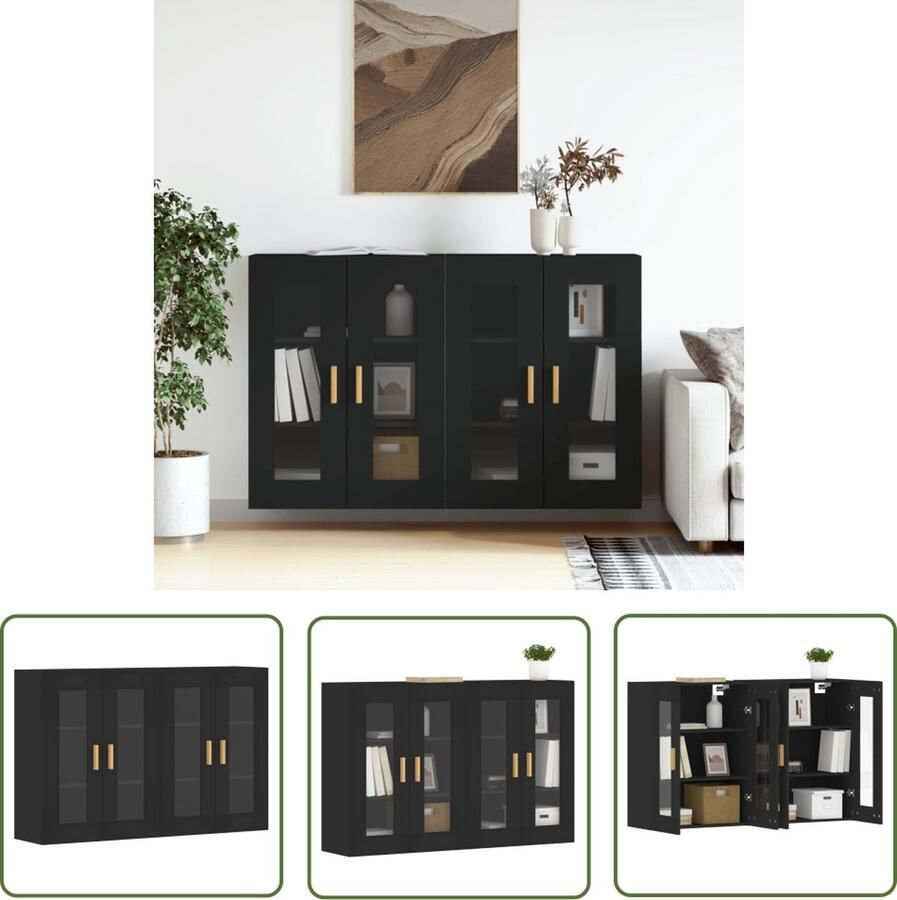The Living Store Hangkasten 2 st bewerkt hout zwart Wandkast Zwarte Wandkast Houten Wandkast Opbergkast Hangkast - Foto 3