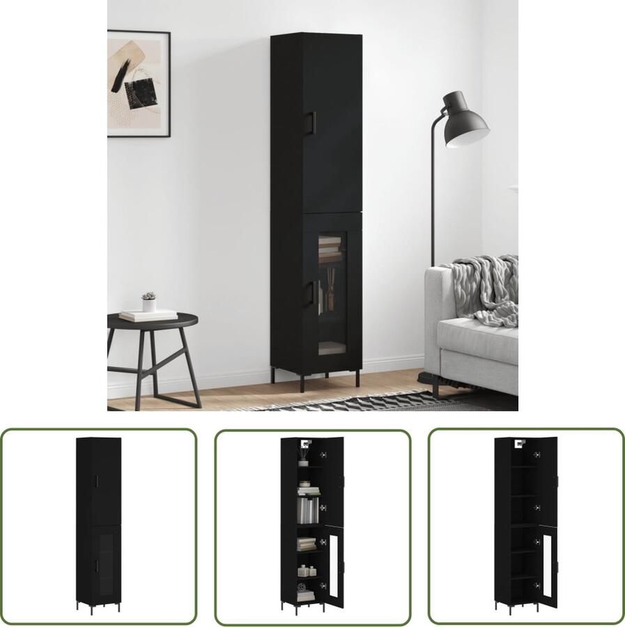 The Living Store Hoge kast 34 5x34x180 cm bewerkt hout zwart Hoge Kast Zwarte Kast Houten Kast Opbergkast Badkamermeubilair