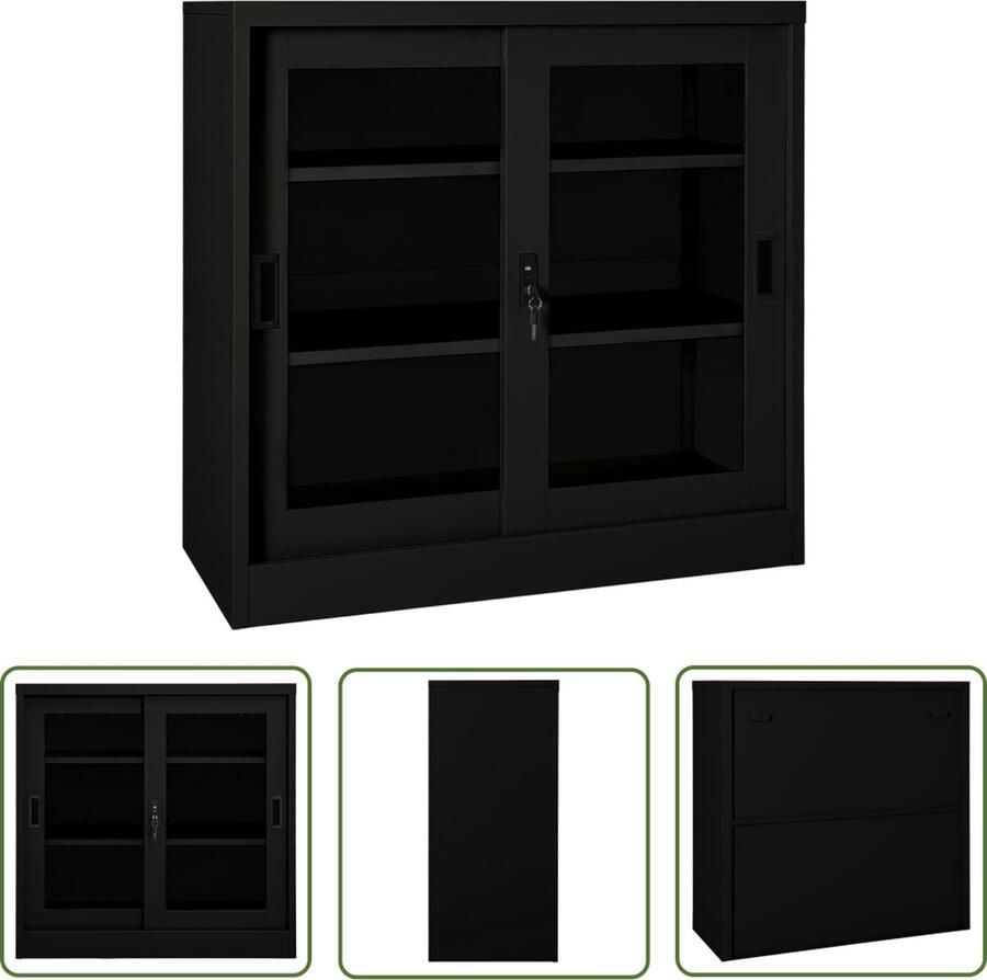 The Living Store Roldeurkast Zwart Staal en Gehard Glas 90 x 40 x 90 cm Met Schuifdeuren 2 Verstelbare Schappen Met Slot - Foto 2