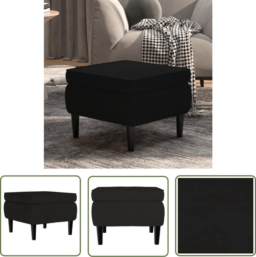 The Living Store Kruk Houten poten 55x54.5x42cm Zwart fluweel Krukje Zwarte Kruk Velvet Kruk Design Kruk Moderne Kruk - Foto 2