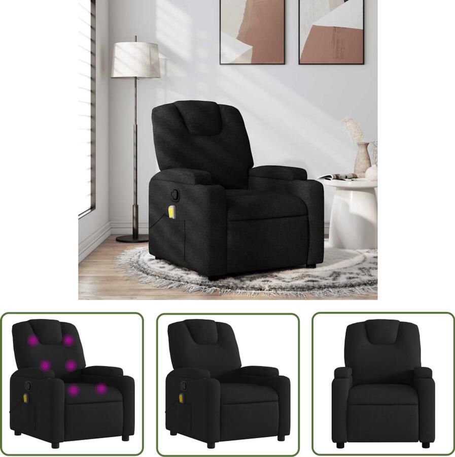The Living Store Massagestoel verstelbaar stof zwart Massagestoel Relaxstoel Loungestoel Zwarte Stoel Elektrische Massage