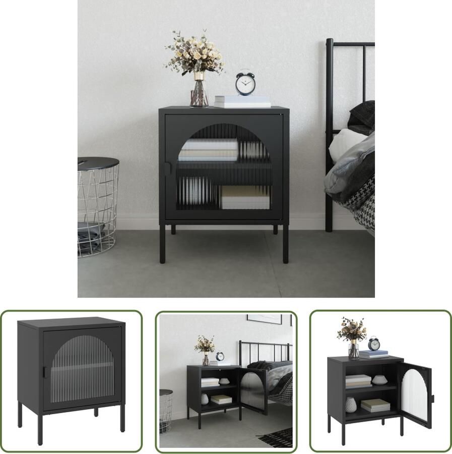 The Living Store Nachtkastje Zwart 50 x 35 x 60 cm Gepoedercoat staal Glas met geribbeld reliÃf Nachtkastje Zwarte Nachtkast Staalkast Glasnachkaste Nachtkastje Met Lade - Foto 2
