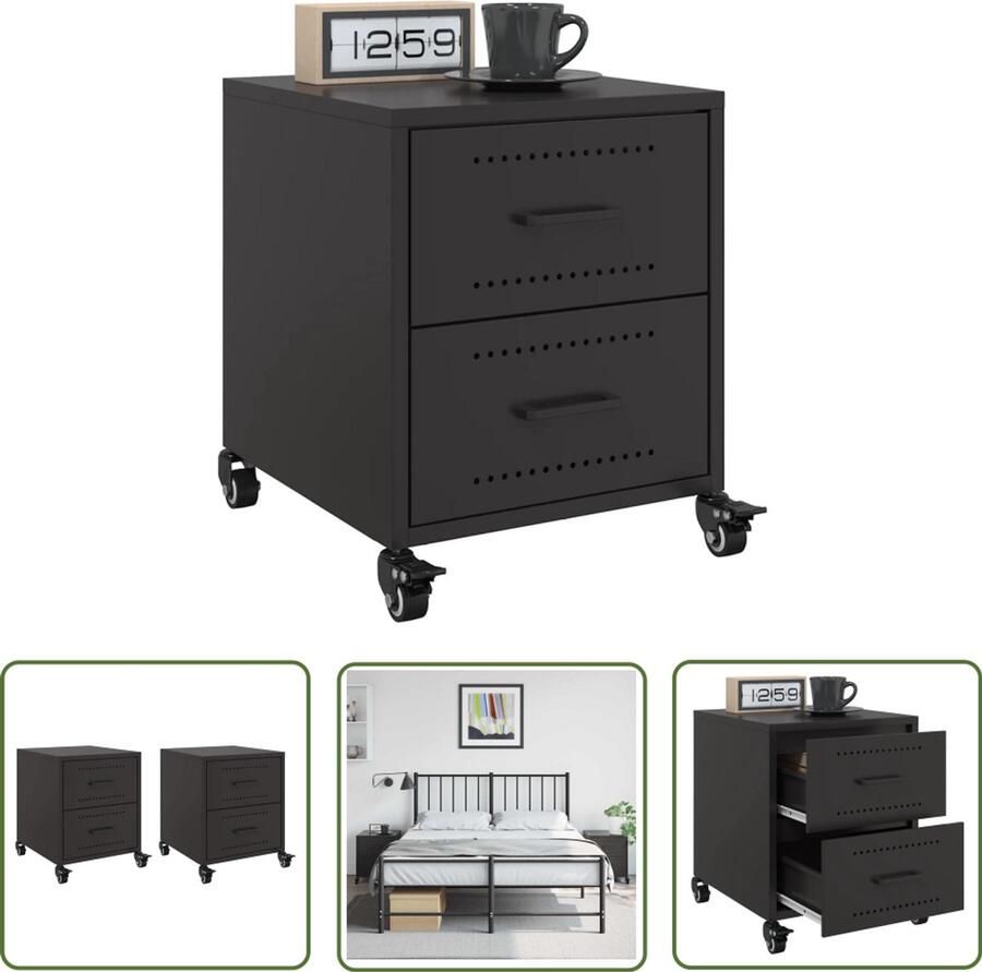 The Living Store Nachtkastjes 2 st 36x39x43 5 cm staal zwart Nachtkastje Zwarte Nachtkast Nachtkasten Set Koudgewalst Staal Metalen Nachtkast