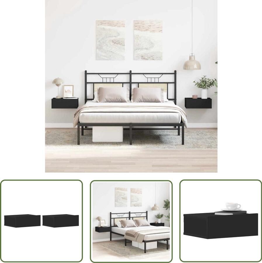 The Living Store Zwevende Nachtkastjes Zwart 40 x 30 x 15 cm Bewerkt Hout Met Lade Wandmontage 2 Stuks Zwevende Nachtkast Zwarte Nachtkast Wandkast Nachtlamp Tafellamp Slaapkamersdecoratie - Foto 3