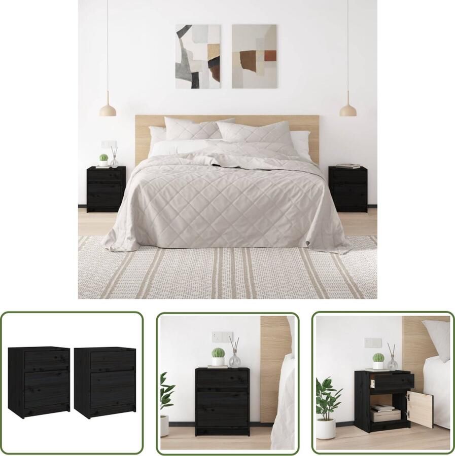 The Living Store Nachtkastjes Zwarte Massief Grenenhouten Nachtkastjes Set van 2 40 x 31 x 50 cm Montage vereist Nachtkastjes Zwarte Nachtkastjes Massieve Nachtkastjes Grenenhouten Nachtkastjes Slaapkamers - Foto 2