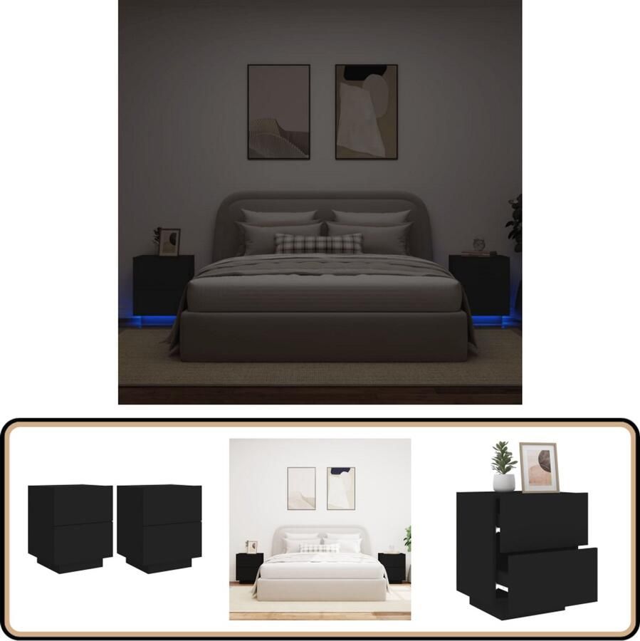 VidaXL Zwarte Nachtkastjes met LED Set van 2 Nachtkastjes Bijzettafel Led Verlichting Houten Kast Slaapkamersdecoratie
