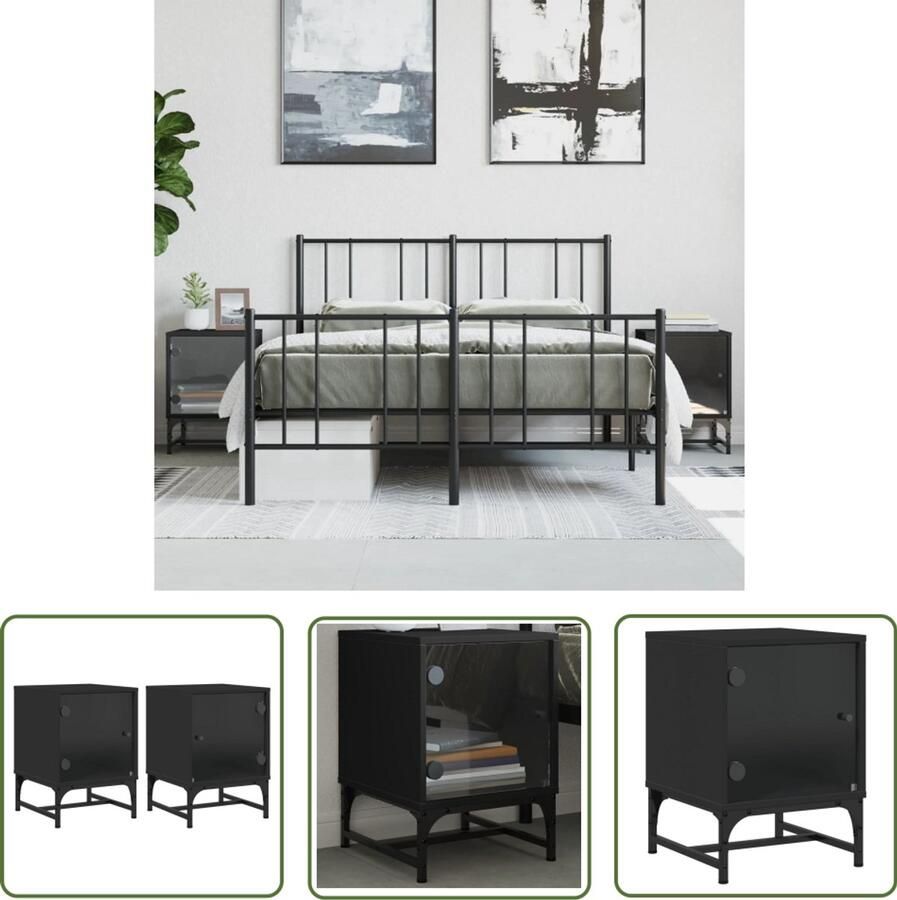 The Living Store Nachtkastjes met glazen deuren 2 st 35x37x50 cm zwart Nachtkastje Zwarte Nachtkastjes Houten Nachtkastjes Slaapkamers Decoratie