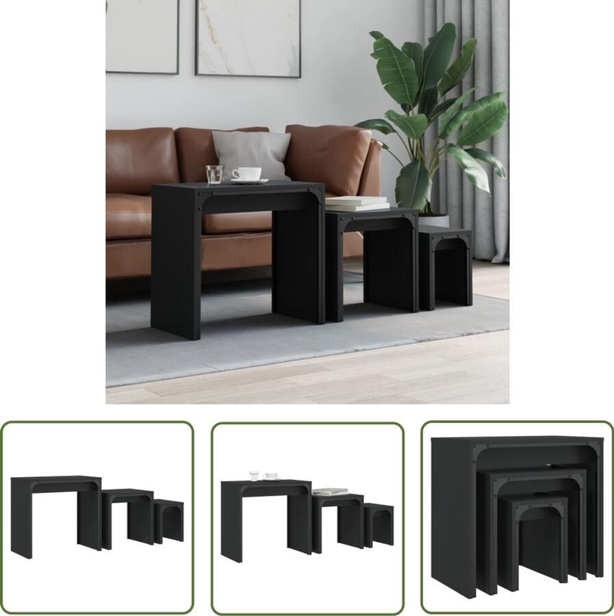 VidaXL 3-delige Tafeltjesset bewerkt hout zwart Salontafel Zwarte Salontafel Houten Salontafel Multifunctionele Tafel Compact Meubel