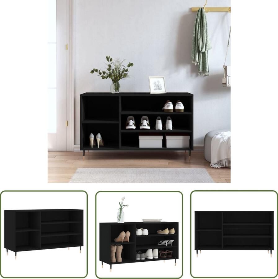 The Living Store Schoenenkast Zwart 102 x 36 x 60 cm Duurzaam bewerkt hout 5 vakken Stevig blad Metalen poten Schoenenkast Zwarte Schoenenkast Houten Schoenenkast Schoenen Organisatie Opbergvakken