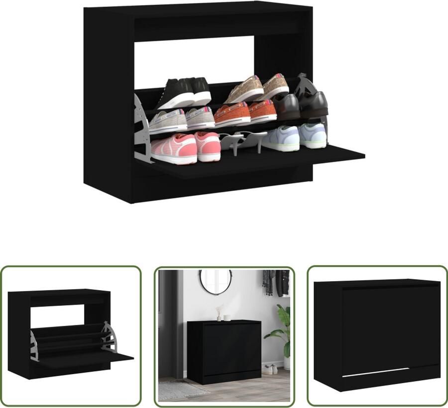 The Living Store Schoenenkast 80x42x69 cm bewerkt hout zwart Schoenenkast Zwarte Schoenenkast Compacte Schoenenkast Houten Schoenenkast Schoenendoos