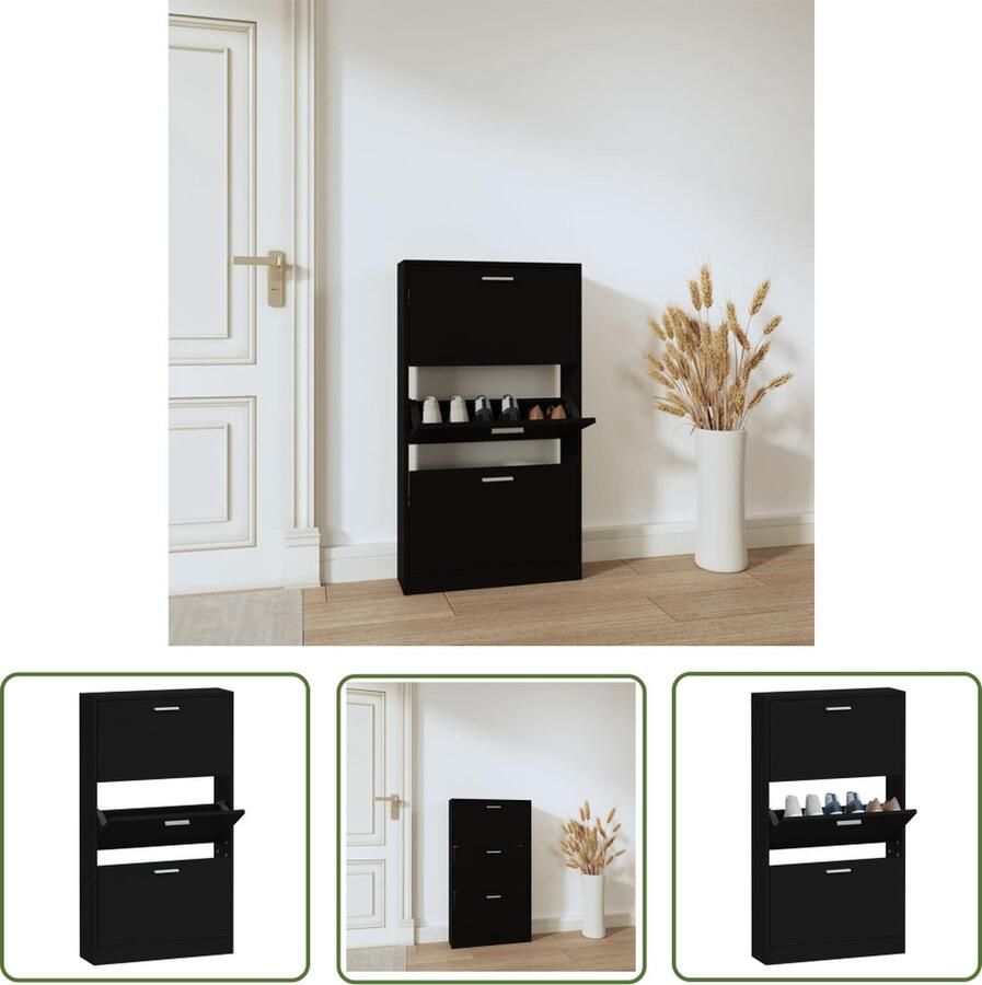 The Living Store Schoenenkast 59x17x108 cm bewerkt hout zwart Moderne Schoenenkast Zwarte Schoenenkast Houten Schoenenkast Schoenen Kast Schoenendoos - Foto 2