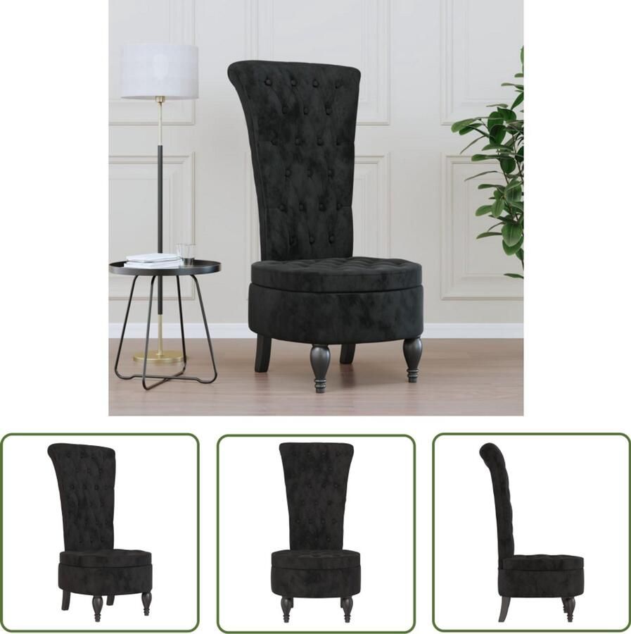 The Living Store Stoel hoge rugleuning met knopen fluweel zwart Comfortabele Stoel Designstoel Zwarte Stoel Fluwelen Stoel Lounge Stoel