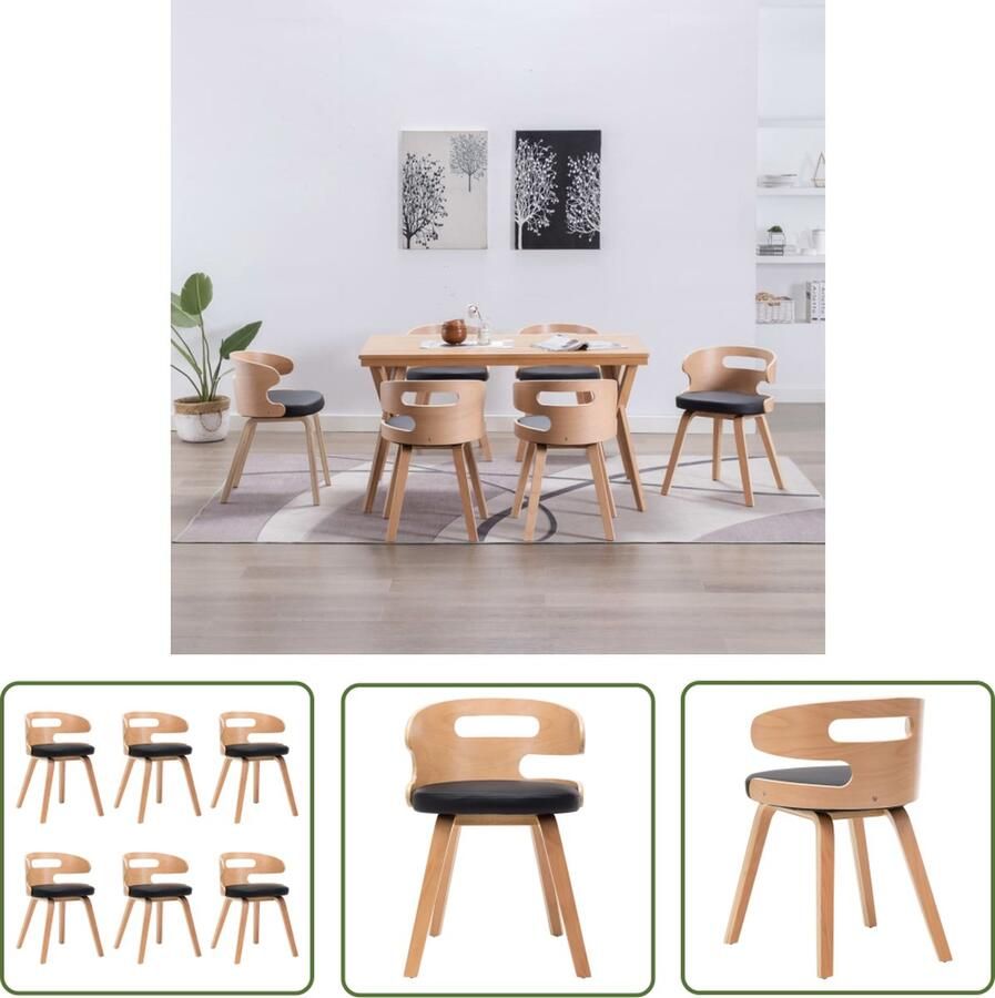The Living Store Eetkamerstoelen 6 st gebogen hout en kunstleer zwart Eetkamerstoelen Zwarte Stoelen Kunstleder Meubels Moderne Stoelen Set Van 6 Stoelen - Foto 3