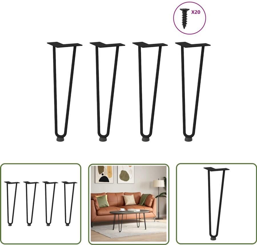 The Living Store Haarspeld tafelpoten 4 st 42 cm massief staal zwart Haarspeld Tafelpoten Zwarte Tafelpoten Metalen Tafelpoten Industrieel Onderstel Salontafeltje Poten