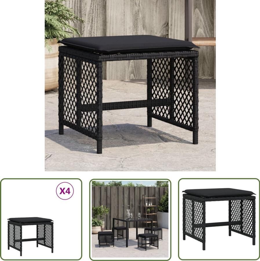 The Living Store Tuinkrukken 4 st met kussens 41x41x36 cm poly rattan zwart Tuinkrukken Zwarte Tuinkrukken Outdoor Meubilair Patio Meubels Garden Furniture
