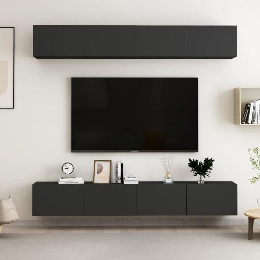 VidaXL Zwarte Tv-meubelen Set van 4 100x30x30 cm Tv Meubel Zwarte Tv Kast Houten Tv Stand Salontafel Media Kast Bewerkthout Wandmontage Livingroom Furniture Tv Unit - Foto 2