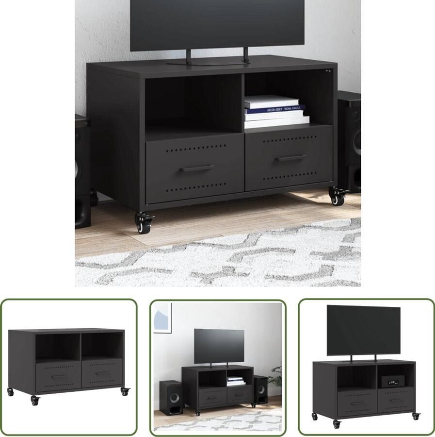 The Living Store Tv-meubel 68x39x43 5 cm staal zwart Tv-meubel Zwarte Tv-standaard Metalen Tv-tafel Salontafel Mediacaar