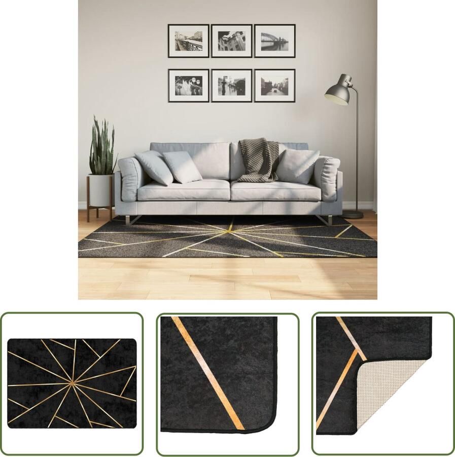 The Living Store Vloerkleed 120 x 180 cm Zwart en goud 100% polyester Geluidsabsorberend Vloerkleed Zwarte Vloerkleed Gouden Vloerkleed Wollen Vloerkleed Pluche Vloerkleed