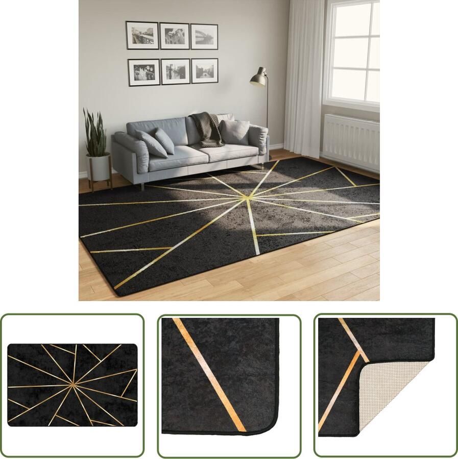 The Living Store Vloerkleed Zwart en Goud 190 x 300 cm Anti-slip Geluidsabsorberend Vloerkleed Zwarte Vloerkleed Gouden Vloerkleed Anti Slip Vloerkleed Wasbare Vloerkleed