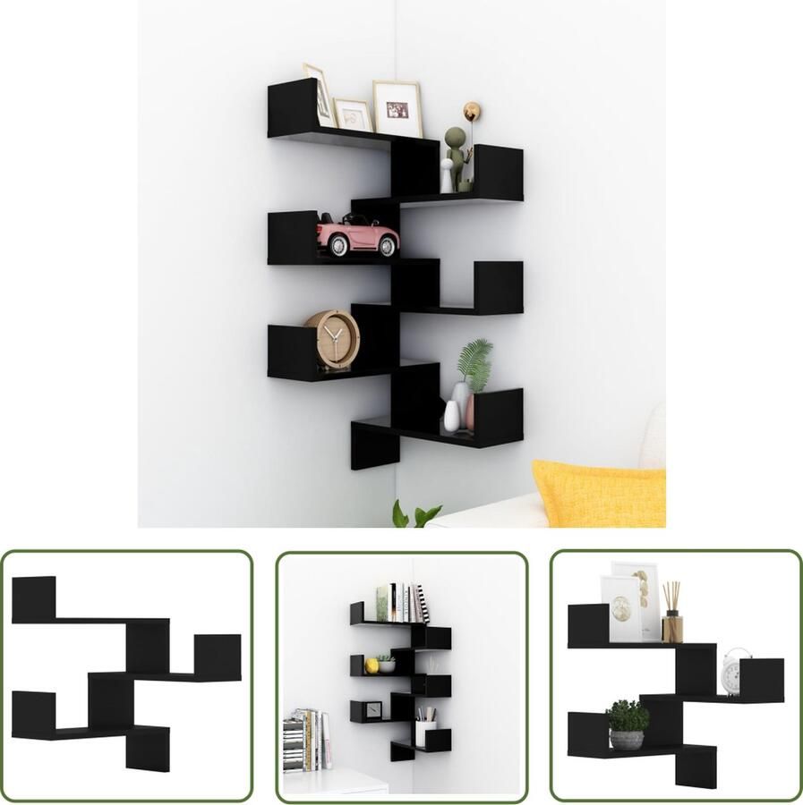The Living Store Hoekwandschappen 2 st 40x40x50 cm bewerkt hout zwart Wandplank Hoekplankje Zwarte Wanddecoratie Stapelbare Planken Badkamer Accessoires