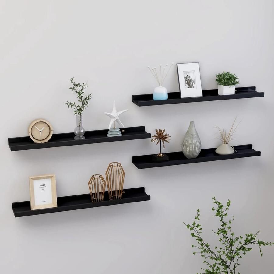 The Living Store Wandschappen 4 st 60x9x3 cm zwart Wanddecoratie Wandplank Zwarte Wandplank Mdf Wandplank Kleine Wandplanken