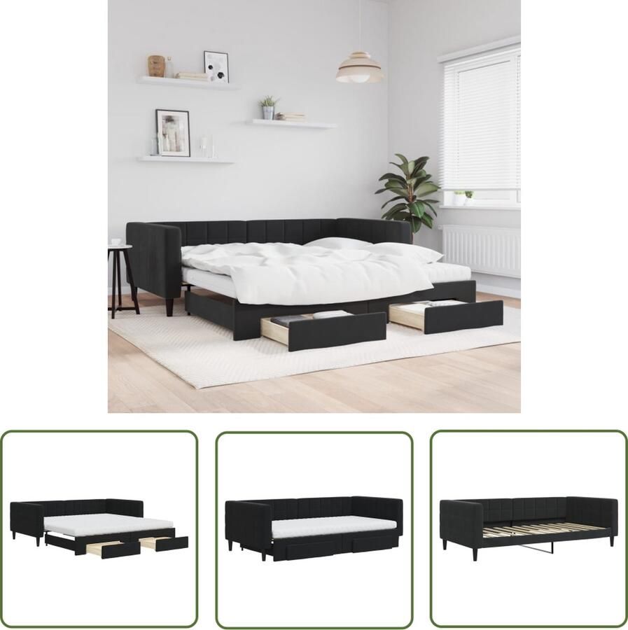 The Living Store Slaapbank met onderschuifbed en lades 100x200 cm fluweel zwart Slaapbank Zweefbank Lounge Sofa Designmeubel Zitbank