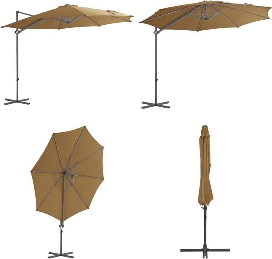 VidaXL Zweefparasol met stalen paal 300 cm taupe Hangende Parasol Buiten Tuinset Terrasdecoratie Zomerzonnescherm Schaduwdoek Taupes Zweefparasol Zweefparasols Parasol Tuinparasol