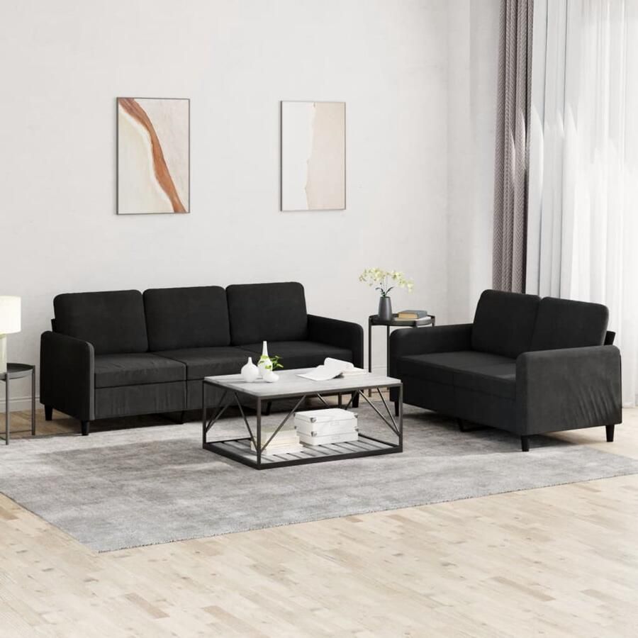 The Living Store Loungeset Zwart Fluweel 2-zits + 3-zitsbank Comfortabele Zitervaring Loungeset Zweefstoelen Bankstel Salon Meubilair Zwarte Bank