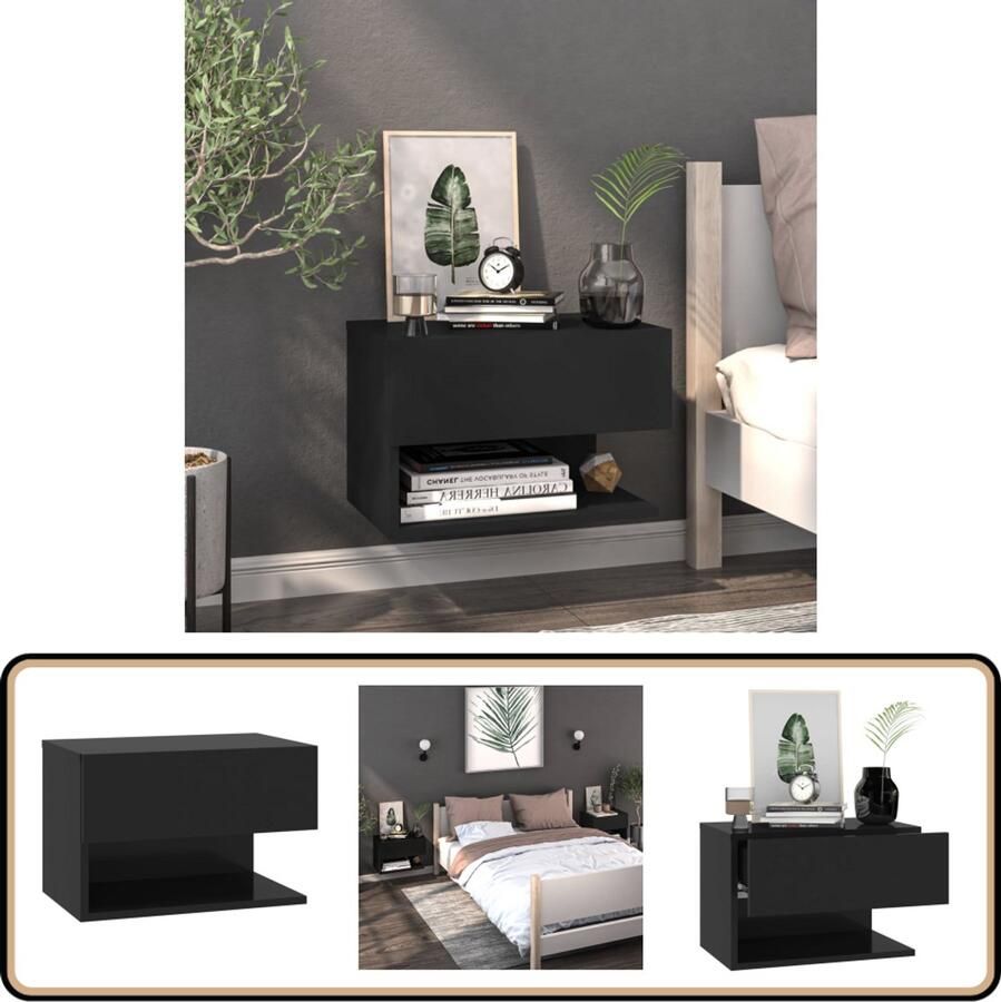 VidaXL Zwevend Nachtkastje Zwart Bewerkt Hout Wandlamp Nachtlamp Wandkasten Bergruimte Minimalistisch Meubilair Houten Meubels Zwart Meubilair Slaapkamer Decoratie