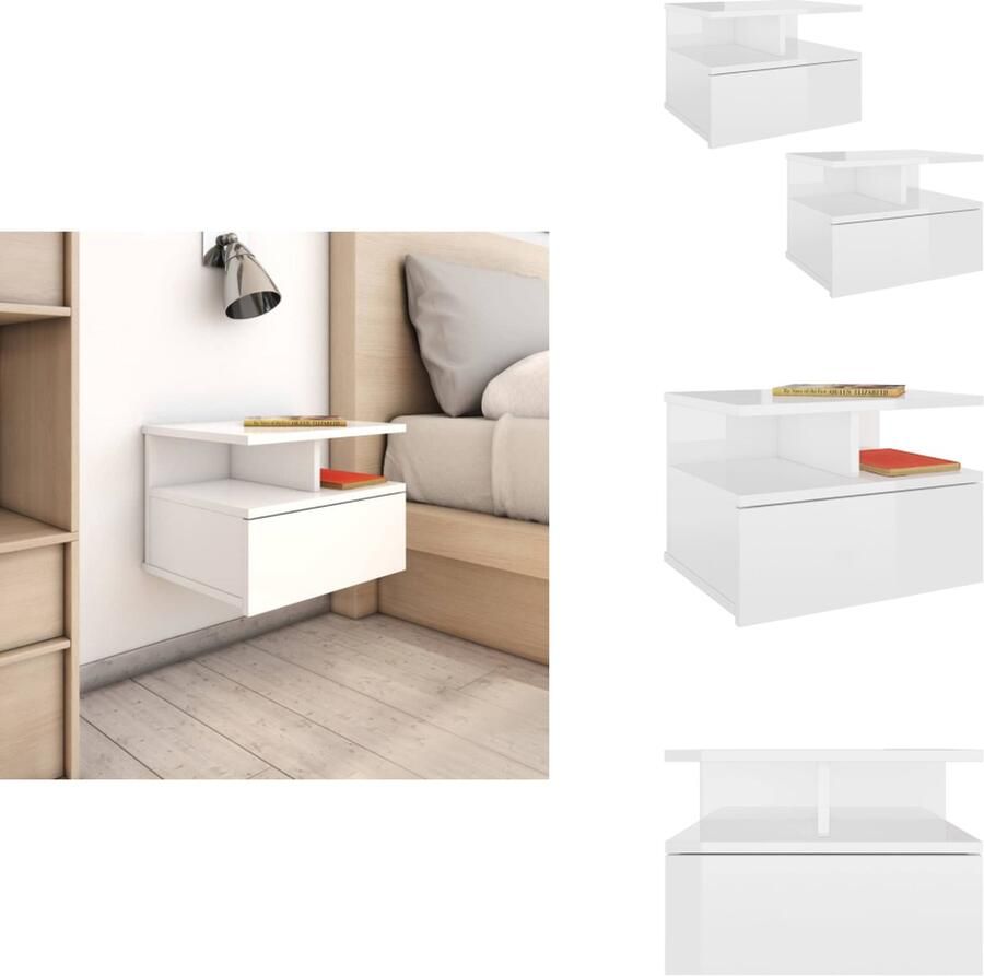 VidaXL Zwevend Nachtkastje Zwevende Nachtkastjes Wandgemonteerd Nachtkastje Wandgemonteerd Nachtkastjes 2 st 40x31x27cm bewerkt hout hoogglans wit