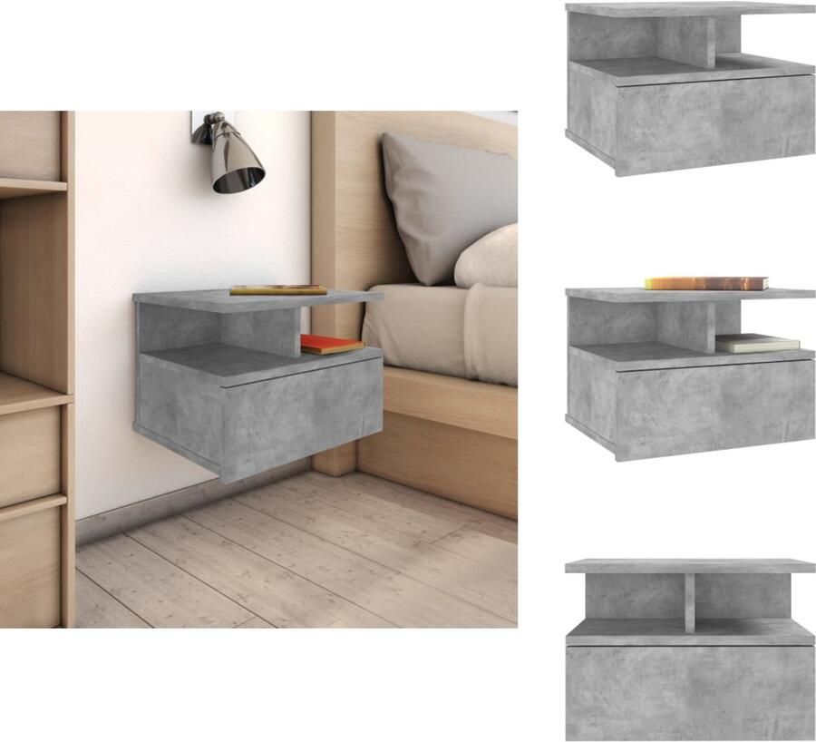 VidaXL Zwevend Nachtkastje Zwevende Nachtkastjes Wandgemonteerd Nachtkastje Wandgemonteerd Nachtkastjes Nachtkastje zwevend 40x31x27 cm bewerkt hout betongrijs - Foto 2