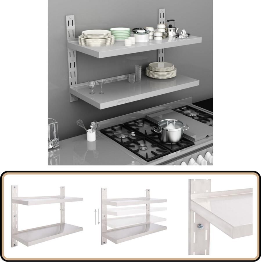 VidaXL Zwevend Schap 2-laags Roestvrij Staal Zwevend Wandrek Roestvrijstaalschaps Keukenopbergruimte Kookaccessoires Wandenplank