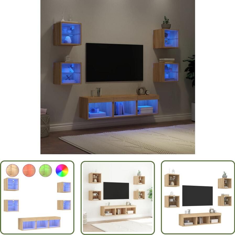 The Living Store 7-delige Tv-wandmeubelset met LED bewerkt hout sonoma eiken Tv Kast Zwevend Tv Meubel Tv Wandmeubel Salontafel Houten Tv Meubel