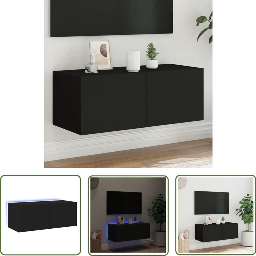 The Living Store Tv-wandmeubel met LED-verlichting 80x35x31 cm zwart Tv Wandmeubel Zwevend Tv Meubel Led Tv Meubel Zwarte Tv Kast Houten Tv Kast