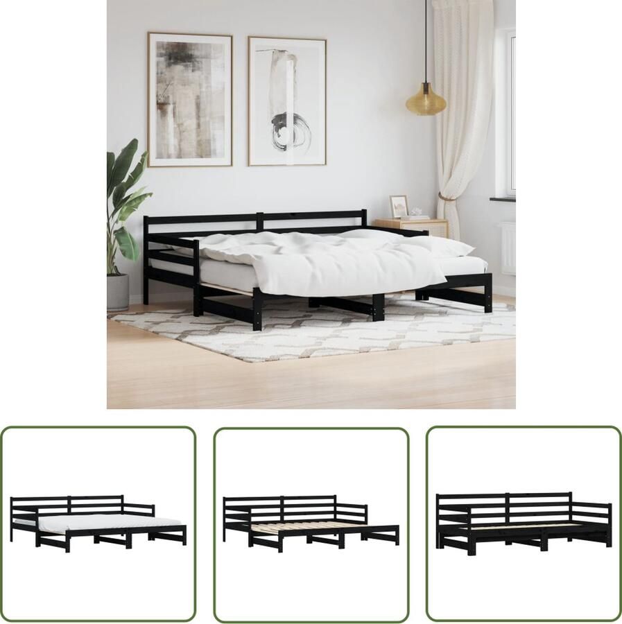 The Living Store Slaapbank met onderschuifbed 90x200 cm massief grenenhout zwart Slaapbank Zwevende Bank Houten Bank 2-in-1 Bank Guest Bed