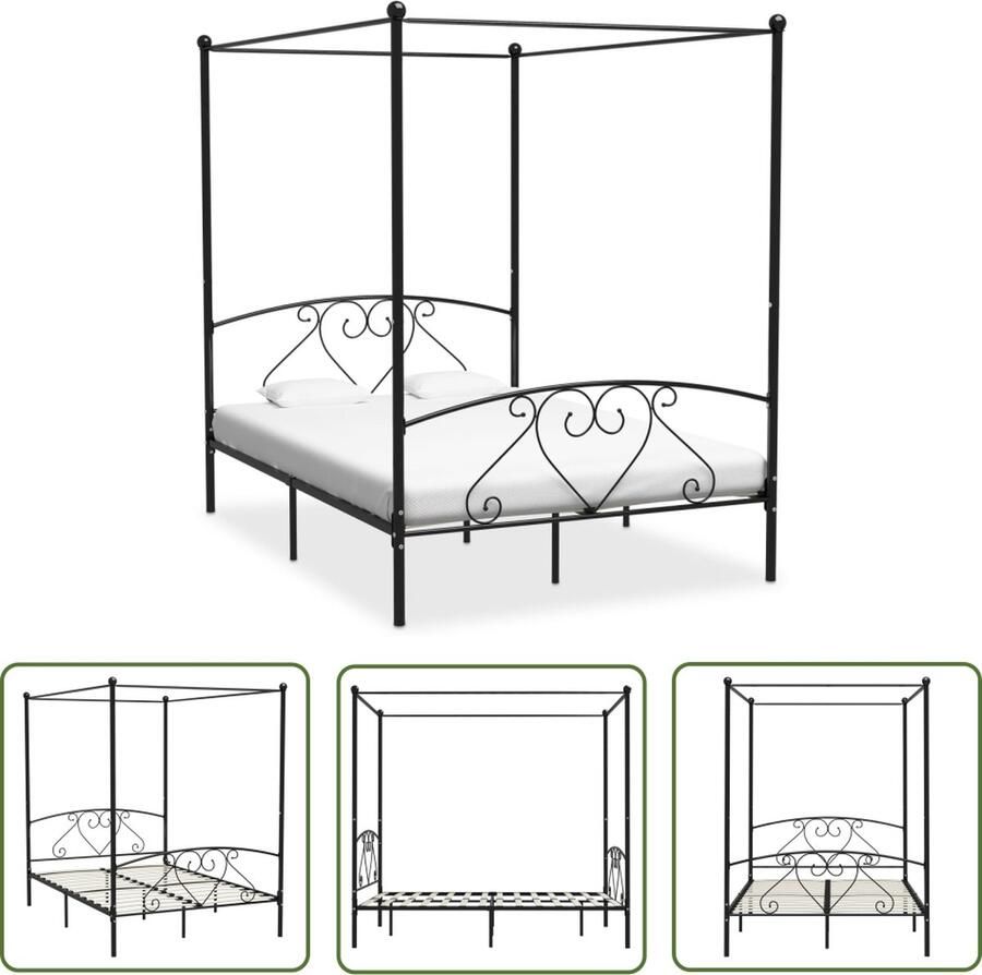 The Living Store Hemelbedframe Metaal 209 x 147.5 x 198 cm Zwart Metalen Hemelbed Zwevende Bed Industrieel Bed Tweepersoons Bed Hoofdbord Bed