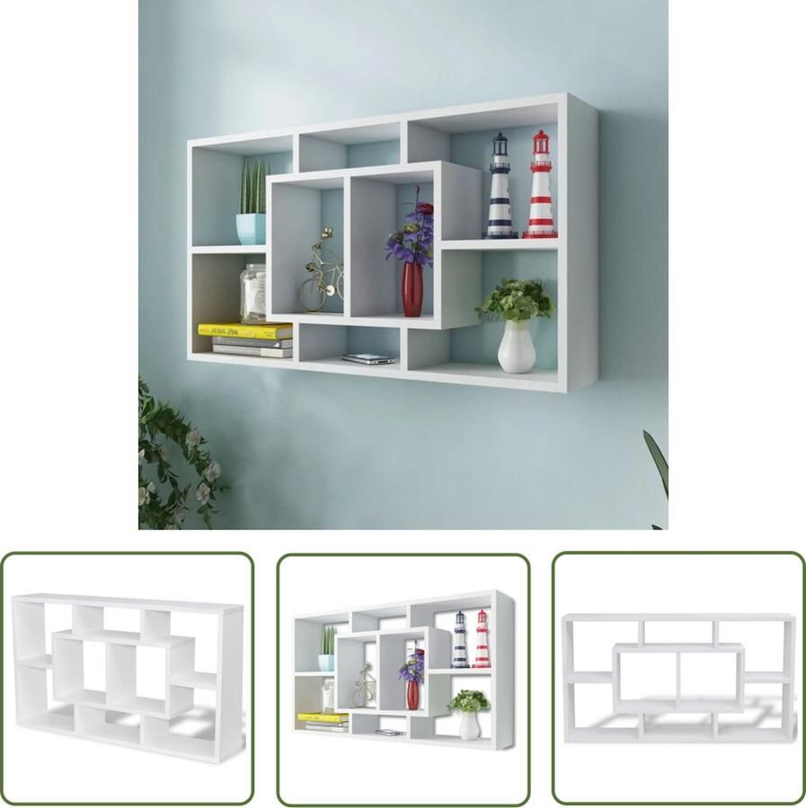 The Living Store Wandschap zwevend 8 vakken wit Wandplank Houten Wandplank Wit Wandpaneel Opslagkast Wanddecoratie