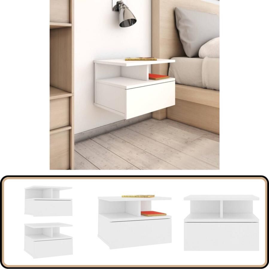 VidaXL Zwevende Nachtkastjes Set van 2 Wit Zwevend Nachtkastje Wandkast Houten Nachtkastje Wit Nachtkastje Minimalistisch Nachtkastje Compact Nachtkastje Opbergvak